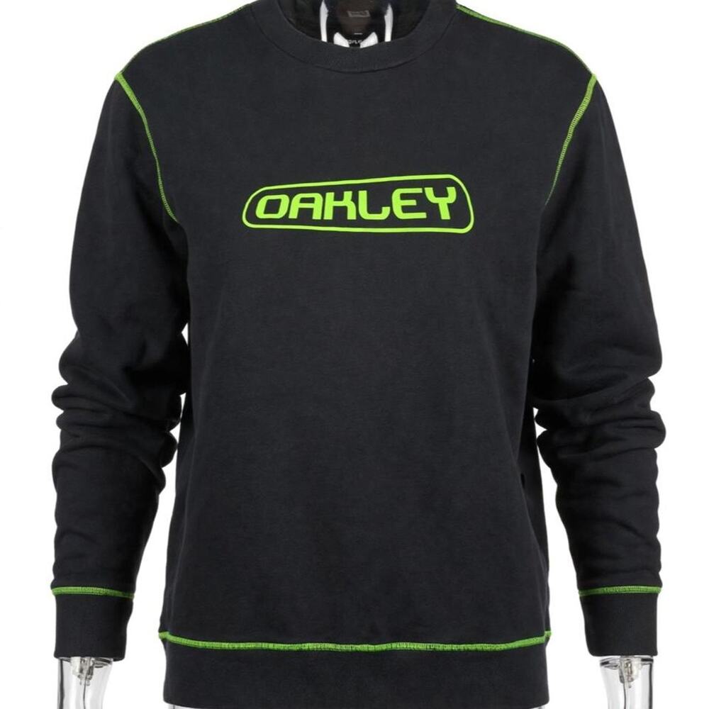 Oakley Sweatshirt Mens XL Custom Fit Black Neon Green Logo Crewneck Pullover